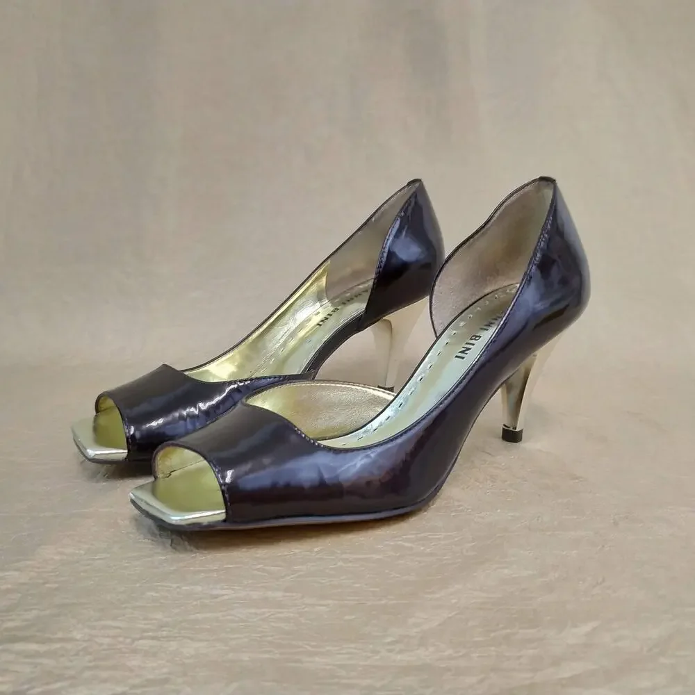Gianni Bini Brown & Gold Open Toe Heels